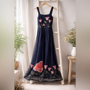 Floreat Anthropologie Navy Sheer Embroidered Maxi Dress | Floral Tulip | Size 6